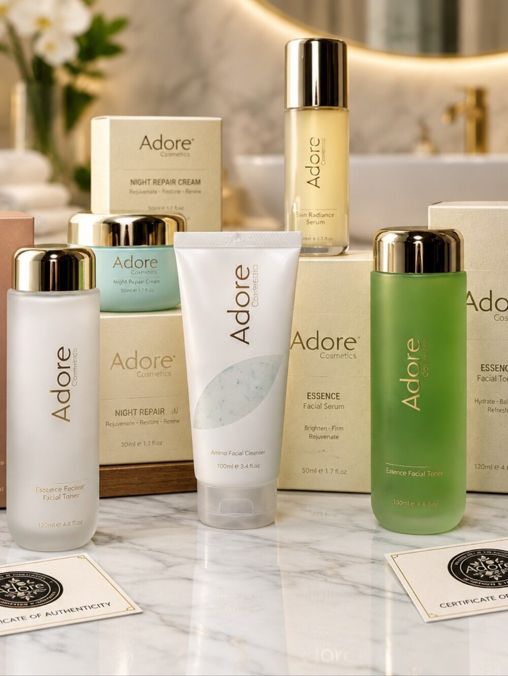 Adore Cosmetics Skincare Set: Facial Milk, Cleanser, Toner, Serum & Night Cream